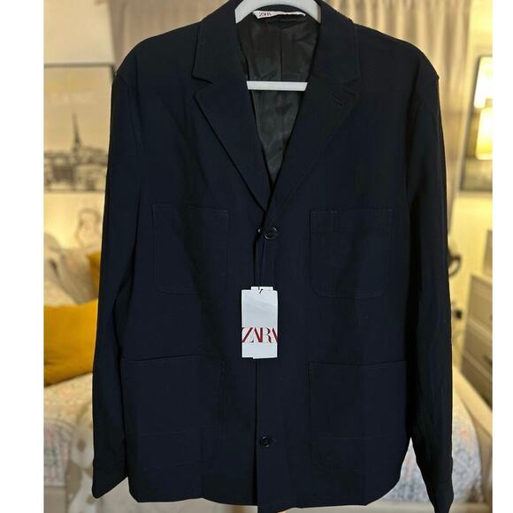 Nwt-Zara Man Navy Blue Sport Jacket Blazer Button Front Pockets Size L - Picture 2 of 4